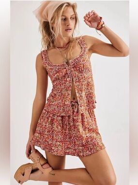 Free People Ellia Skort + Tank Top Linen Set in Spring Blossom Floral Combo Sz M